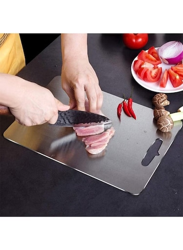 2Pcs Cutting Board&iuml;&frac14;&OElig;Kitchen Cutlery Accessories, Heavy Duty Non-Slip&iuml;&frac14;&OElig;304 Stainless Steel Cutting Board, Dishwasher Safe Cutting Board - Thick Cutting Board for Meat, Vegetables, Fruits, Easy Grip Handle, Non-Slip (Silver)