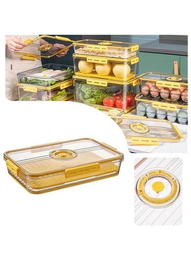 GoodsTJ Food Dumpling Storage Container with Date Display Labels Airtight Refrigerator Organizer for Kitchen Fridge, Dumplings, Fruit, Vegetable &amp; Eggs (Yellow, Large)