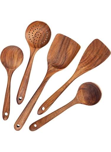 Wood Kitchen Utensils Set, 5 PCs Natural Wooden Spoons For Cooking for Non-stick Skillet, Utensil set For Cooking With Soup Ladle and Wok Spatulas, Salad fork, Spurtles for Cooking