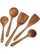 Wood Kitchen Utensils Set, 5 PCs Natural Wooden Spoons For Cooking for Non-stick Skillet, Utensil set For Cooking With Soup Ladle and Wok Spatulas, Salad fork, Spurtles for Cooking