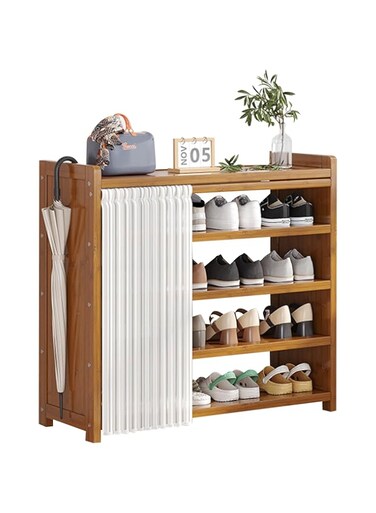 Beauenty Wooden Shoe Rack with Curtain, 5 Layers 80CM Widen Free Standing Shoe Rack, Entryway Shoe Storage Cabinet (5Tiers-80CM)