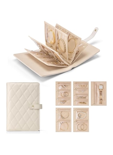 Travel Jewelry Organizer Case, Transparent Jewelry Storage Book for Rings, Necklace, Earrings, Bracelet Holder with Small Clear Zippered Velvet Pouch, Christmas Gifts for Women-Cream White