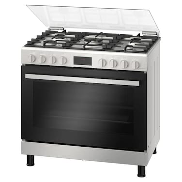 Bosch Series 6 Gas Cooker, 90x60cm, 5 Burners, 147L XXL Cavity, Rotisserie - HGX5H8W51M Stainless Steel