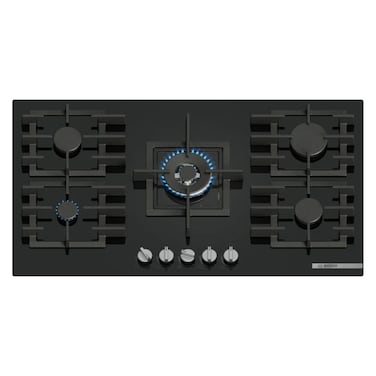 Bosch 90 cm Series 6 Gas Hob &ndash; 5 Burners, Tempered Glass, Wok Burner, Safety Cut-off &ndash; PPQ9B6I40M Black