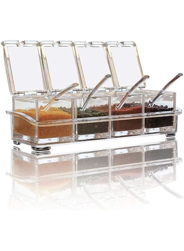 DELFINO Clear Seasoning Storage Container, for Spice Salt Sugar Cruet Clear Seasoning Box Condiment Jars with Spoons Seasoning Bottle Storage Box for Sturdy Durable Kitchen Cooking, 4 Pieces