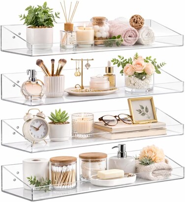 4 Pack Clear Acrylic Floating Shelves with Mounting Hardware