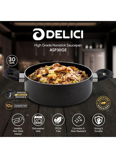 Aluminium Sauce Pan with Tempered Glass Lid, 30CM &acirc;&euro;&ldquo; Superior Aluminium Body, Healthy Non-Stick Granite Gray Coating, Eco-Friendly PFOA-Free, Heat Proof Bakelite Handle, Multi-Cooktop Compatible