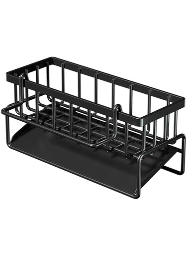 LAOMI Kitchen Sink Rack, Kitchen Sink Sponge Rack with Drainer Tray, Kitchen Sink Drainer Shenanigans, Wire Ball Dishwasher Countertop Rustproof Carbon Steel Kitchen Sink Organizer - Black