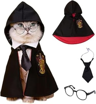 NALACAL Pet Costume Harry Potter Witchcraft Style, Dog Cat Halloween Costumes Cape Cosplay Costume Set, Wizard Pet Clothes Cute Apparel with Glasses (Large)