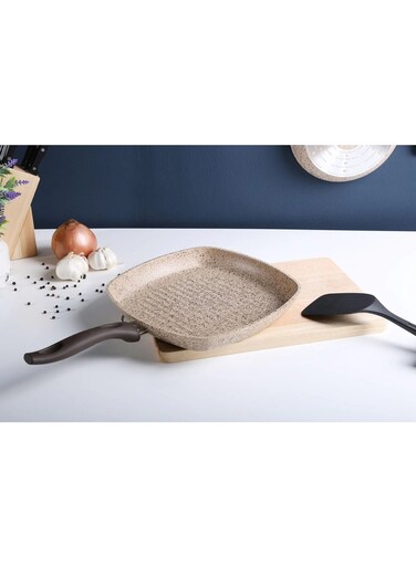 Creamy Grill Pan 28x28cm &acirc;&euro;&ldquo; Nonstick Granite Square Grill Pan with Cool-Touch Handle &acirc;&euro;&ldquo; Induction Safe Stone-Look Cookware
