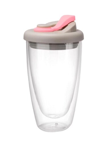 Wall Glass Mug With Lid Clear/Pink/Grey 450ml