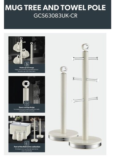 Mug Tree and Towel Pole - GCS63083UK-CR/ Holds 6 Mugs, Carbon Steel Body with Nonslip Base/ Perfect for keeping Paper Towels, Kitchen Rolls for Cooking and Cleaning