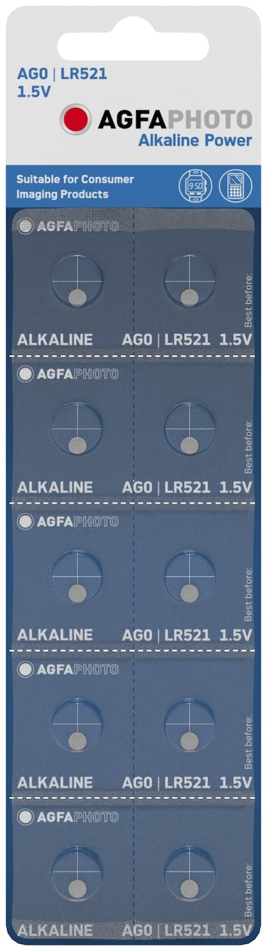 AGFAPHOTO Alkaline Long Lasting Coin Button Cell [ AG0, LR521, 379, 1190, LR63 ]  Pack of 10 Batteries Equivalent to batteries : LR521, 379, 1190, LR63, AG0