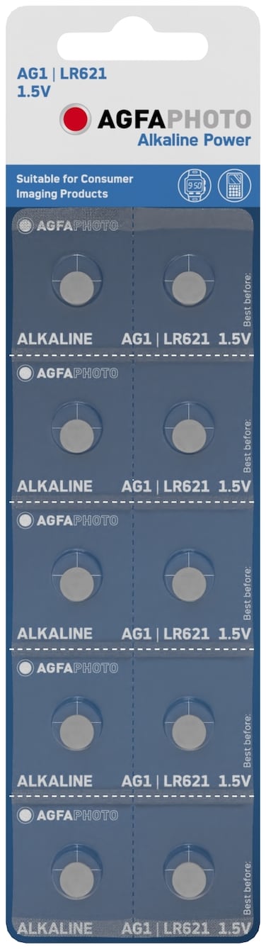 AGFAPHOTO Alkaline Long Lasting Coin Button Cell [ AG1, LR621, LR60 ]  Pack of 10 Batteries Equivalent to batteries : SR621SW, SR60, SR621, SB-AG/DG, 280-34, T, V364, D, AG1