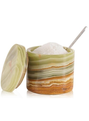 Marble Salt Cellar with Lid and Spoon 3 Inch Green Handmade Spice Jars for Kitchen Storage, Elegant Salt Holder for Tabletop and Countertop Organization