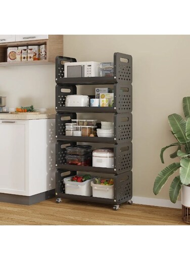 Nest 5-Tier Kitchen Storage Rack with Wheels, Durable Plastic Organizer with Lockable Wheels, Space-Saving Design for Fruits, Snacks, Appliances, and Household Essentials, Ideal for Kitchen, Pantry, Laundry, or Office
