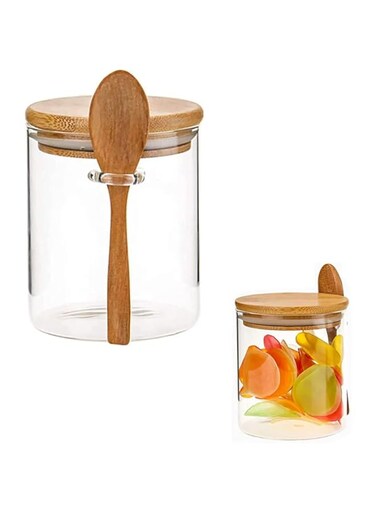 KASTWAVE Airtight 420ML Clear Glass Storage Canister with Wooden Spoon for Bath Salt, Sugar, Spice, Coffee, Matcha Tea, and Condiments - Small Jar for Kitchen Organization
