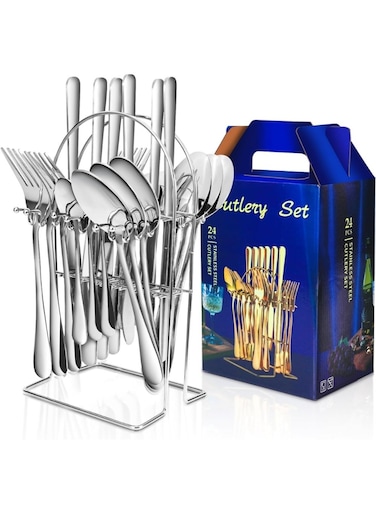 24-Piece Cutlery Set with Holder Stand, Premium Stainless Steel Flatware Set for 6, Dishwasher Safe Silverware Set with Knife Fork Spoon, Mirror Finish Tableware for Home, Restaurant, Hotel
