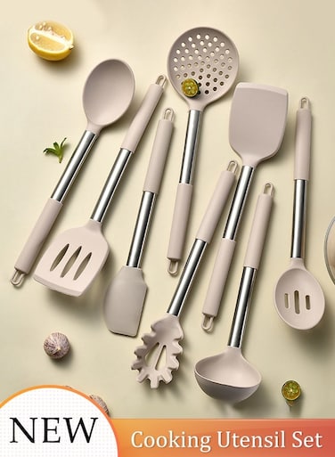 8Pcs Silicone Cooking Utensil Set Stainless Steel Kitchen Utensil Set Heat Resistant Nonstick Silicone Rubber Handle Cooking Tools Gadgets Spatula Set Cookware Kitchenware Set