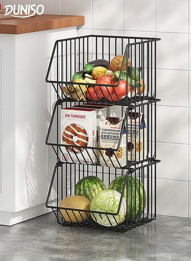 3 Tier Stackable Fruit Veg Baskets Storage Basket Stand Black Wire Storage Countertop Organiser Utility Fruits Rack Produce Snack Organizer Bins for Fruits Vegetable Snacks