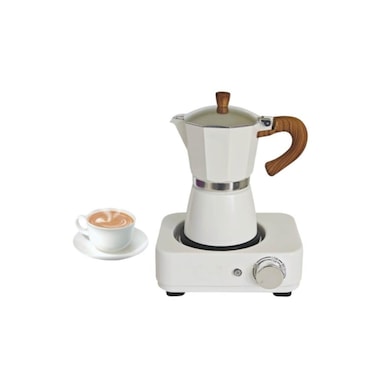 Electric Coffee Maker 300ML 500W, 6 Cups Moka Pot with Hot Plate, Portable Espresso Maker White