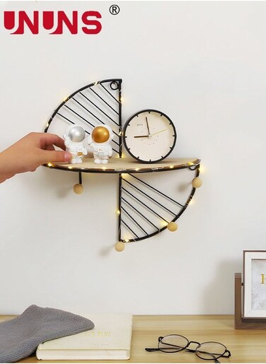 Floating Shelves For Wall,Sector Wall Mounted Floating Shelves With Hooks And LED Light String,Metal Frame With Wooden Shelf,Decor Shelf For Bathroom Bedroom