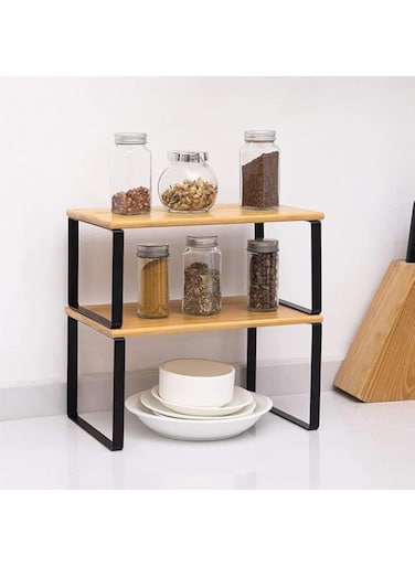 URbazaar 2pcs Counter Shelves Organizer, Kitchen Stackable &amp; Expandable Cabinet Shelf - Wood Organizer Expandable CounterTop Racks For Office, Bathroom &amp; Bedroom