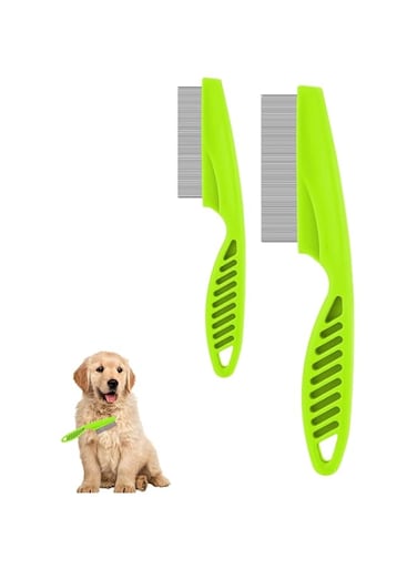 KWSLIN 2 Pack Pet Hair Comb Tear Stain Removal, Dog Cat Lice Comb, Flea Brush for Cats, Stainless Grooming Massage Dual-Sided Comb for Removal Knots Crust Floating Hair Tangle Fleas, Green