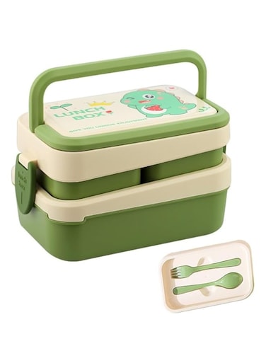 ISOQON Double Layer Bento Box, Microwave Safe Lunch Box, 3 Compartments 1.5L Lunch Box For Kids &amp; Adults with Free Fork and Spoon, Durable &amp; BPA-Free Lunch Container, Leakproof Food Container (Green)