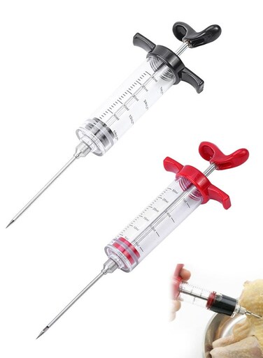 Meat Injector, Portable Plastic Marinade Turkey Injector Syringe with Screw-on Meat Needle for Smoker BBQ Grill, food syringe,1-oz, Red And black