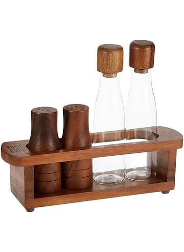 Billi Wooden Oil, Vinegar, Salt &amp; Pepper Canister Set, Brown, Aca-622