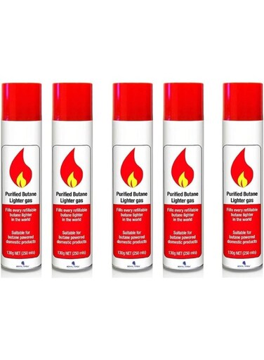 Apex Ultra Refined Purified Butane Lighter Refill Gas 130g, Suitable for Fill Worlds Almost Butane Lighters with Variety of Six Different Nozzles (PACK OF 5)