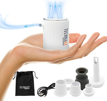 Technaxx Germany Mini Battery Air Pump with LED light, 1360mAh Battery USB Charging With 5 nozzles for Inflating Air Mattresses, Inflatable Beds, Pillows, Swimming Rings and Toys, Storage Bag, 79 g