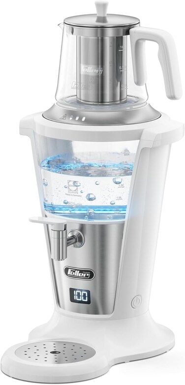 فيلر ماكينة صنع شاي ساموفار كهربائية 2000 واط من المانيا، ساموفار 3 لتر + ابريق شاي 1 لتر، زجاج شوت الماني، شاشة رقمية، صمام مضاد للتنقيط، مثبت تدفق المياه، ضمان لمدة عامين، TS390 UAE (ابيض)