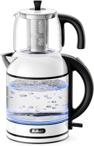 Feller Germany 2200W 2-In-1 Teamaker, 2L Glass Kettle+1L Teapot by German Technology, STRIX, Keep-Warm+Boil-Dry+Overheat, Stainless Steel Teapot Kit, TS288, 2Y Guarantee - UAE Version (White)