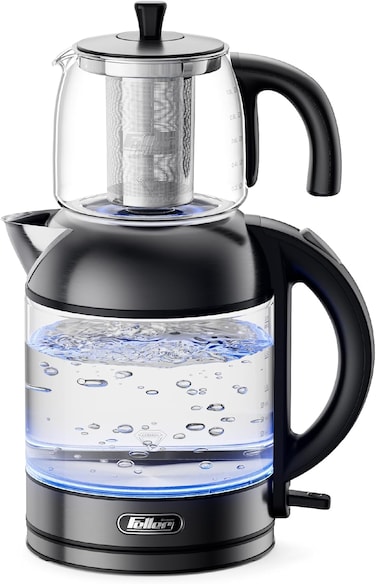 Feller Germany 2200W 2-In-1 Teamaker, 2L Glass Kettle+1L Teapot by German Technology, STRIX, Keep-Warm+Boil-Dry+Overheat, Stainless Steel Teapot Kit, TS288, 2Y Guarantee - UAE Version (Platinum)