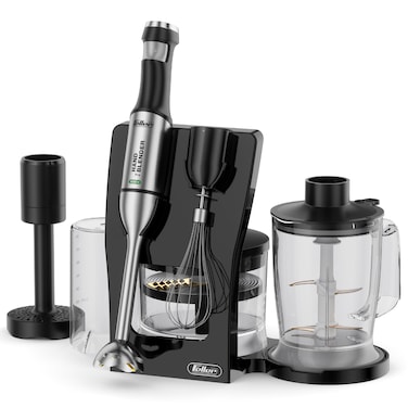 Feller Germany 5in1 Hand Blender, 1000W, 1.8L food Processor+4 Different Blades, 1.2L Chopper, Whisker, Pur&eacute;e Maker, 4-finned Titanium Blade, HB1000 Pro, 2Y Guarantee - UAE Version (Black)