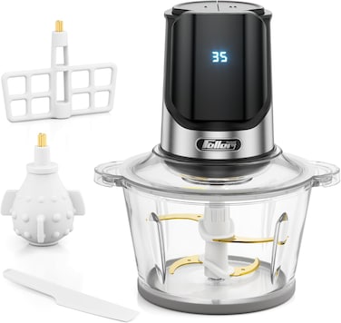 Feller Germany Food Chopper Electric 500W 2L Glass Bowl - Vegetable Cutter &amp; Meat Grinder With Digital Timer, Titanium Blades, Garlic Peeler, Whisk - FC500 Lite