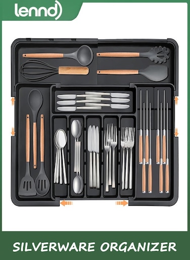 Silverware Organizer - Expandable Large Kitchen Drawer Organizer Utensil Organizer with 2 Removable Knife Blocks, 56cmx 48cm Cutlery Tray Drawer Dividers for Kitchen Flatware(6-9 Slots) (Black)