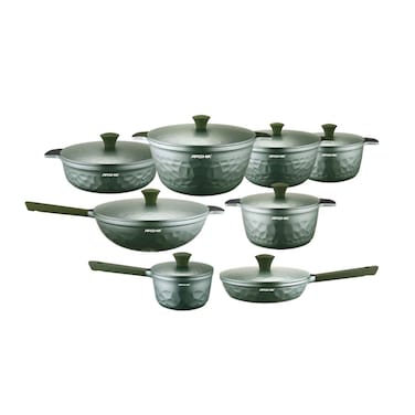 Arshia 16-Piece Green Diamond Cookware Set – Premium Die-Cast Aluminium with Teflon Select Non-Stick   Stylish, Durable & Heat-Efficient