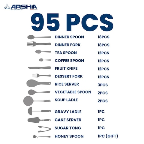 Arshia TM339S Shiny Silver 95pcs Cutlery Set
