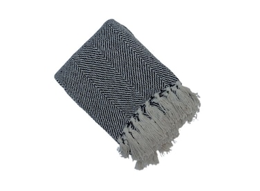 130 x 160 cm Premium Cotton Herringbone Throw Blanket in Navy Blue, Soft 400GSM Woven Decorative Sofa Couch and Bed Cover with Tassels for Living Room and Boho Home Decor