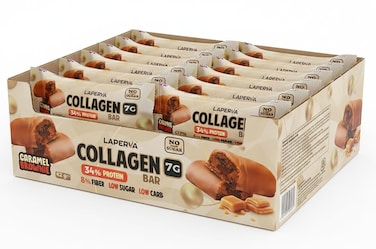 Laperva Collagen Chocolate Protein Bar, Caramel Brownie Flavor, Box Of 12 Bars, 34% Protein, 7g Collagen, High Fiber, No Added Sugar