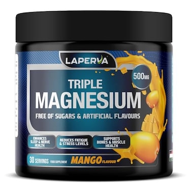 Laperva Triple Magnesium Powder 500mg - Mango Flavor - 30 Servings - Vegan, Sugar-Free, No Artificial Flavors - Magnesium Bisglycinate + Citrate + Oxide - Supports Relaxation &amp; Muscle Function