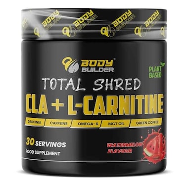 Body Builder Total Shred CLA + L-Carnitine powder, Watermelon, 30 Servings, Supports Fat Burning, Boosts Energy &amp; Metabolism, Plant-Based Formula