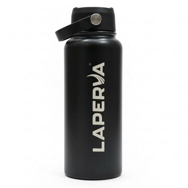 لابيرفا زجاجة مياه معزولة بماصة - زجاجة من الستانلس ستيل مانعة للتسرب مع مقبض سهل الحمل، لمسة نهائية سوداء غير لامعة- مثالية لصالة الالعاب الرياضية والمكتب وللترطيب في الهواء الطلق والسفر - تصميم متين