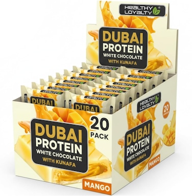 Healthy Loyalty Dubai Chocolate Protein White Chocolate With Mango &amp; Kunafa, Box Of 20 Pieces, 9% Protein, No Added Sugar, Vegetarian-Friendly, Guilt-Free Treat