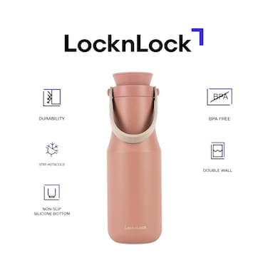 LocknLock 470ml Stainless Steel Metro Double Tumbler &ndash; Stylish Pink Travel Mug with Handy Strap