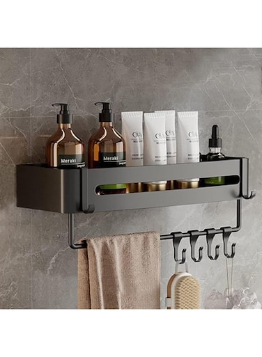 ECVV Rectangular Space Aluminum Bathroom Shelf, Shower Caddy Shelves, Wall Mount Organizer Storage Rack, Corner Shelf with Movable Hooks Towel Bar Bathroom Accessories(12.7D x 32.4W x 4H cm)