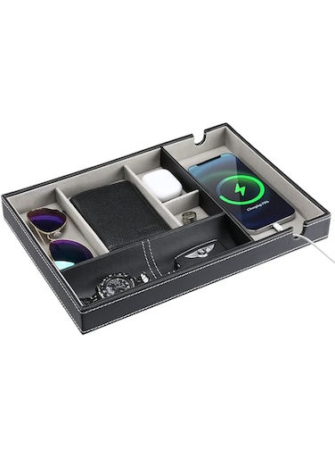 ProCase PU Valet Tray for Dad, Fathers&rsquo; Day Gift from Son Daughter - Nightstand Organizer EDC Dump Catchall Trays with Phone Charging Station, Dresser Top Entryway Faux Leather Storage Box -Black